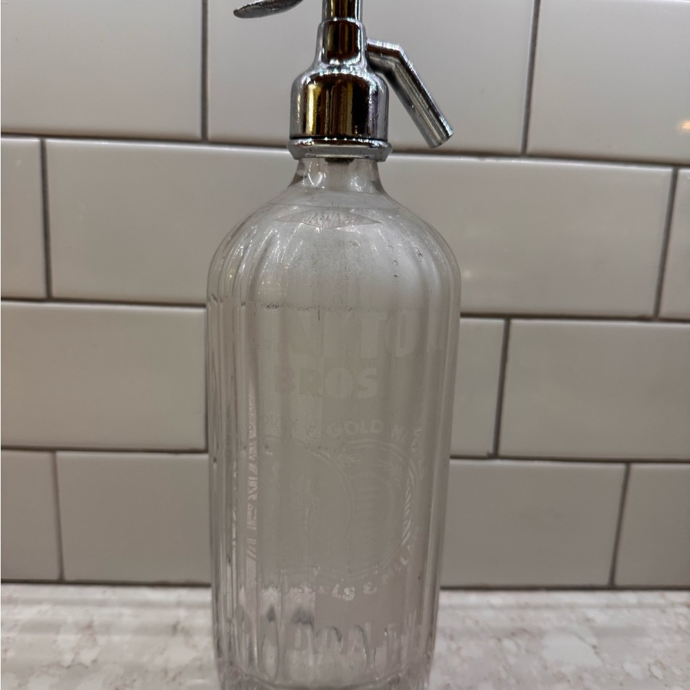 Vintage Engraved Glass Seltzer Bottle with Silver Top